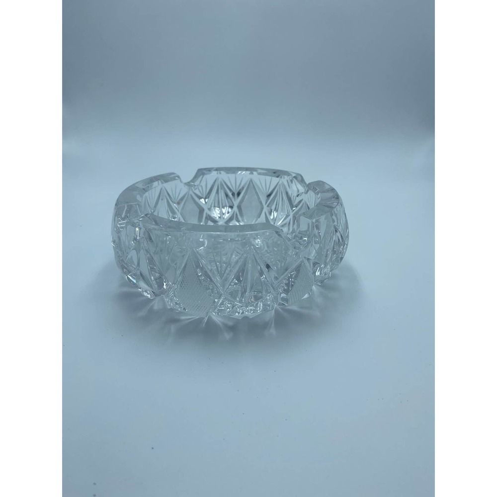 Large Round Ashtray Etched Diamond Lead Crystal VTG Cigar